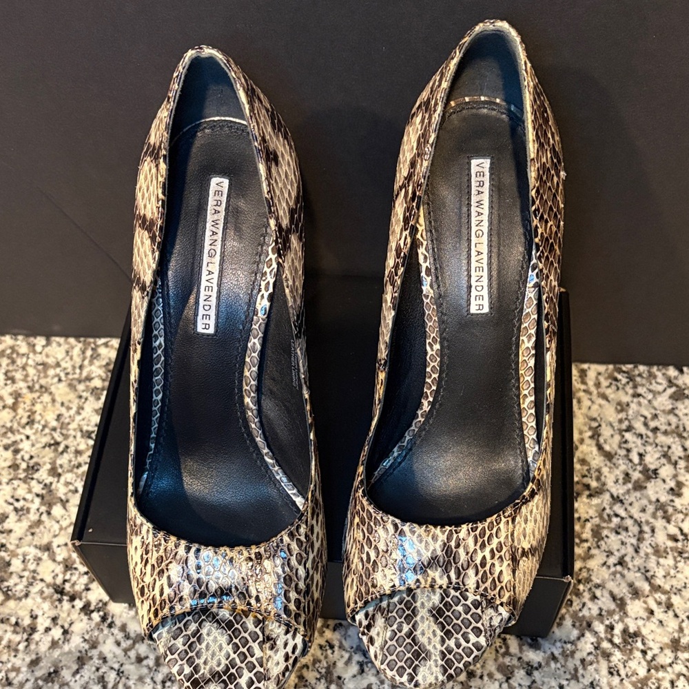 Vera Wang Lavender Label Snakeskin Heels - Black and Tan